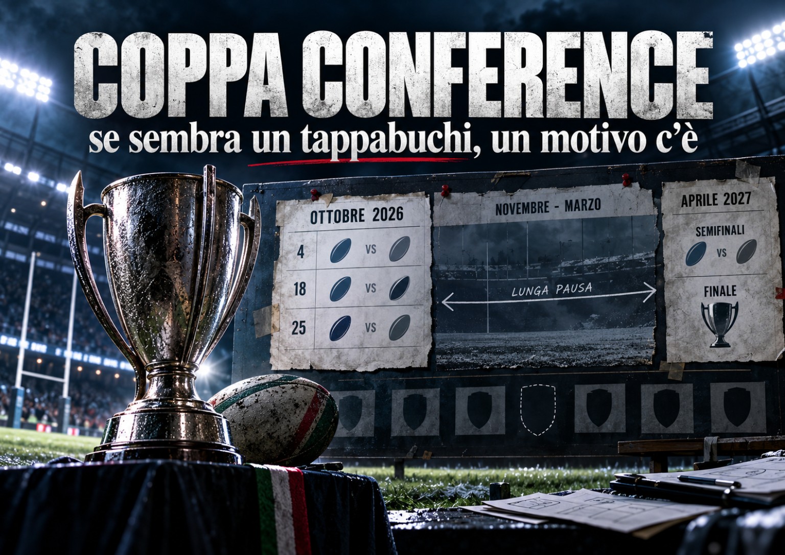 Copertina illustrativa AI della Coppa Conference: un trofeo e un pallone davanti a un calendario con una lunga pausa fra ottobre e aprile